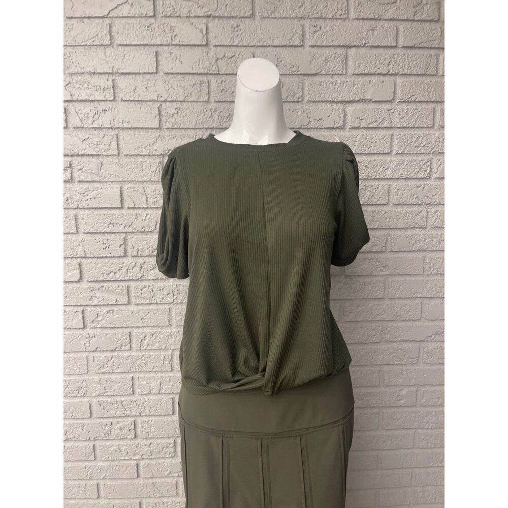 Haute Monde women Olive Green Ribbed Top with Knot Design Size M